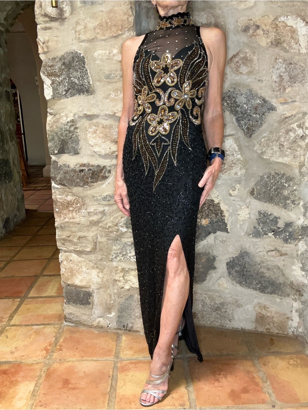 Sequined and beaded evening gown